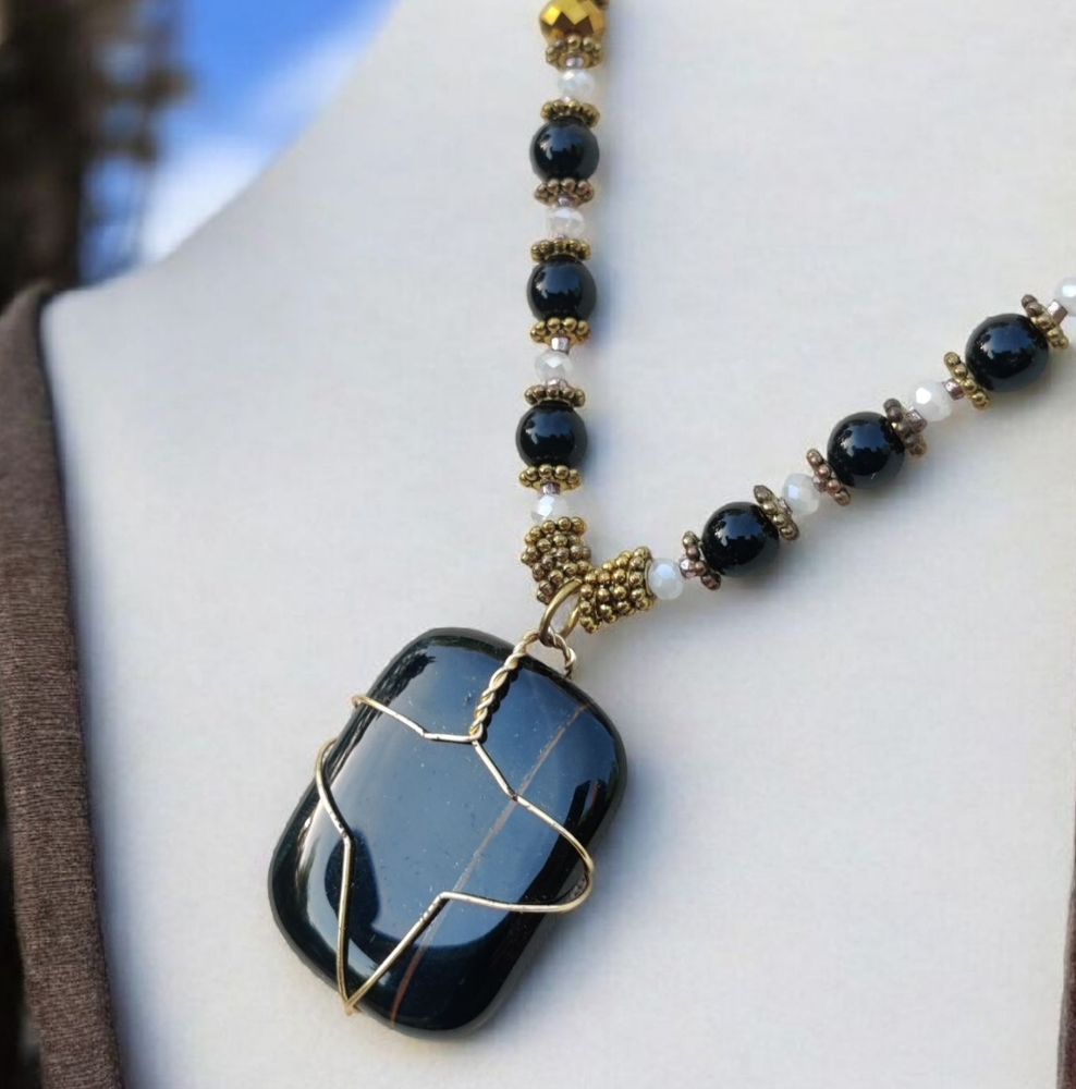Black onyx and crystal healing necklace